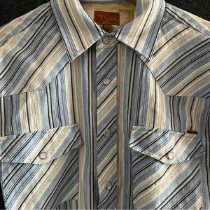 VTG  Men's Striped Blue and White Shirt Pearl Snap Small Western